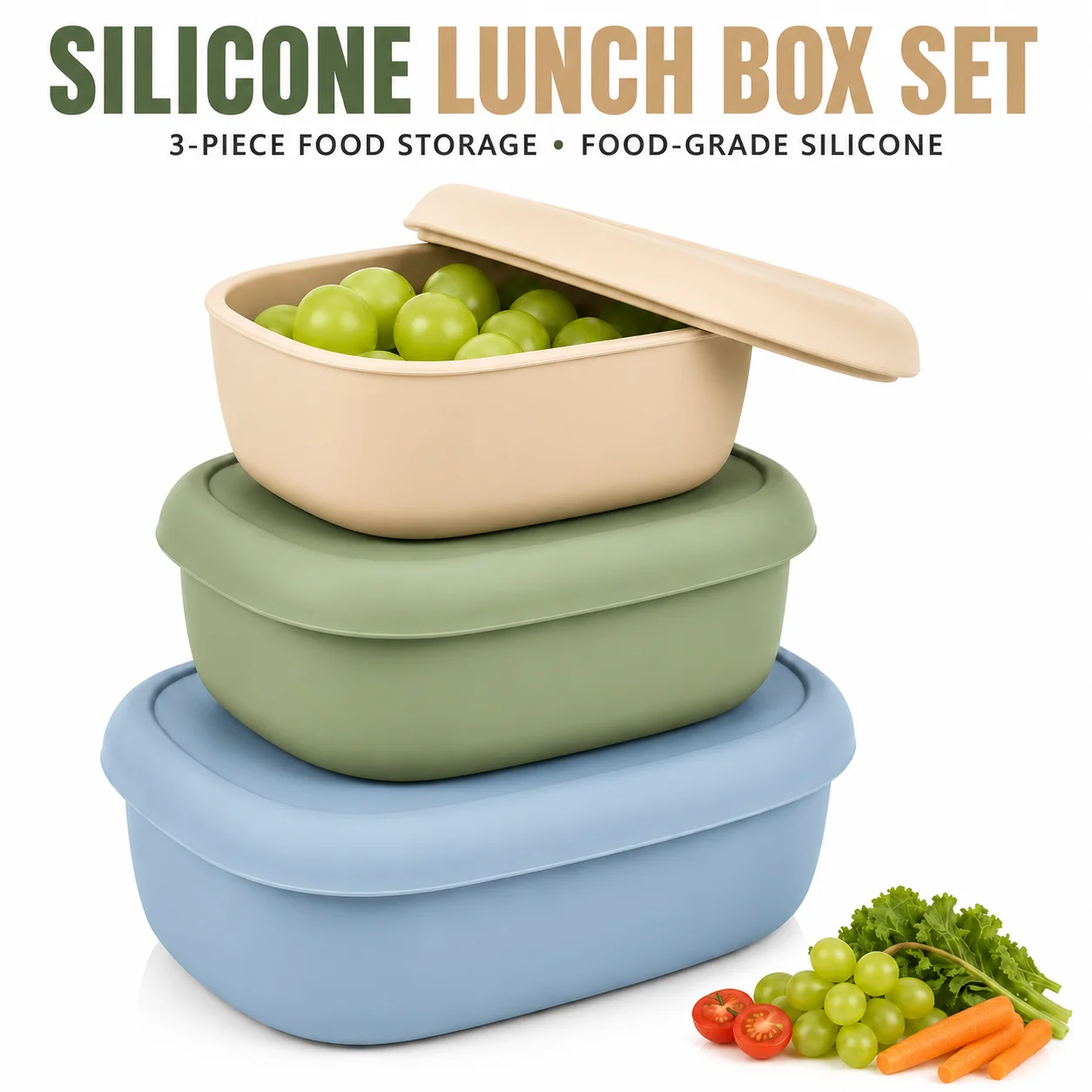 3 Pack Silicone Bento Box Food Storage Containers With Lids Dishwasher Microwave Safe Reusable Lunch Prep Container