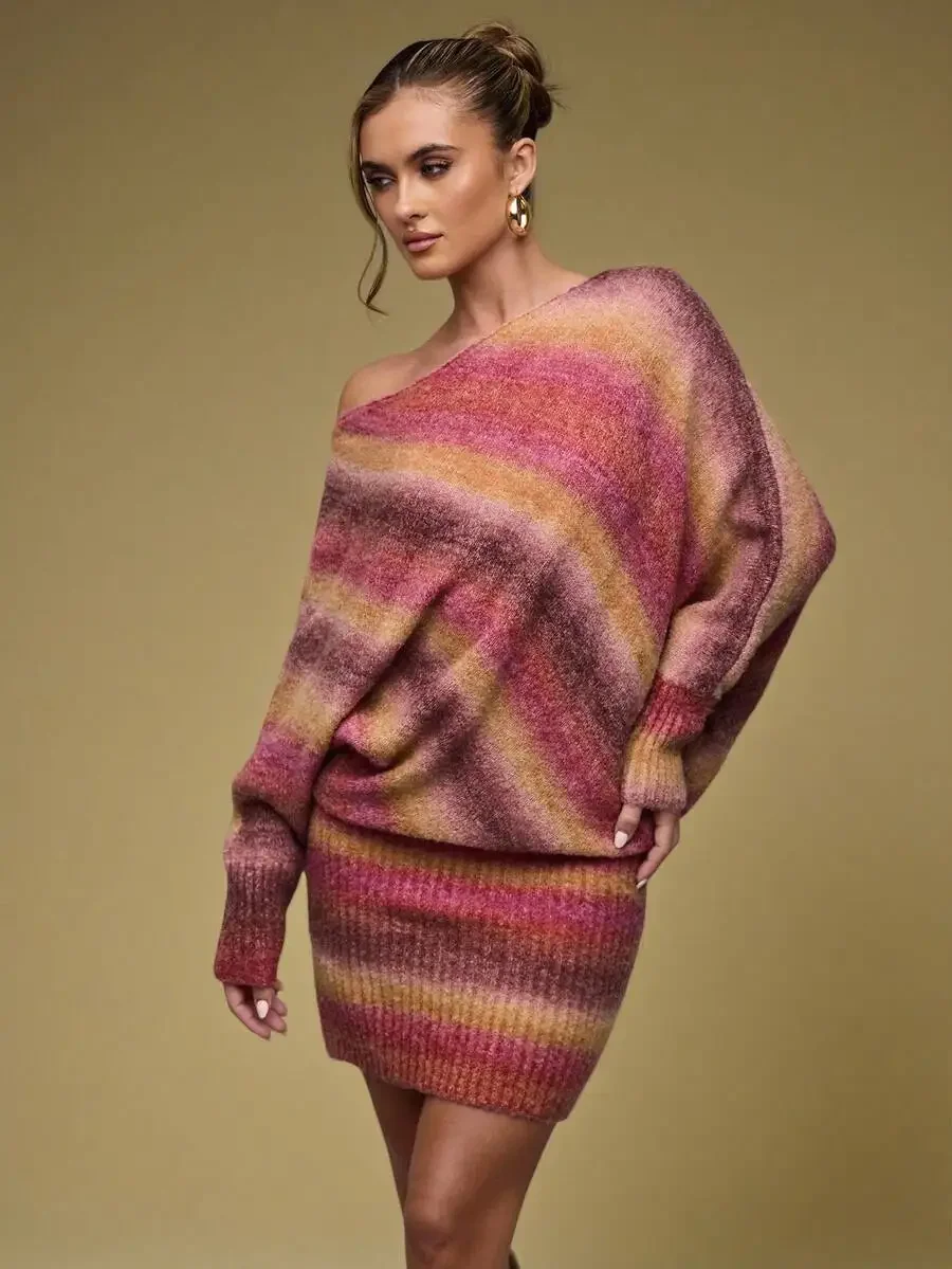 

Off Shoulder Gradient Color Sweater Dress For Women Casual Fall Winter Dress