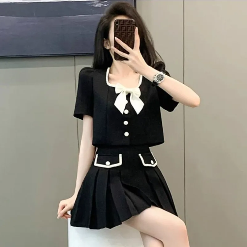 Verão novo sentido avançado do temperamento manga bolha superior saia de cintura alta feminino pequena fragrância vento dois conjuntos saia feminina