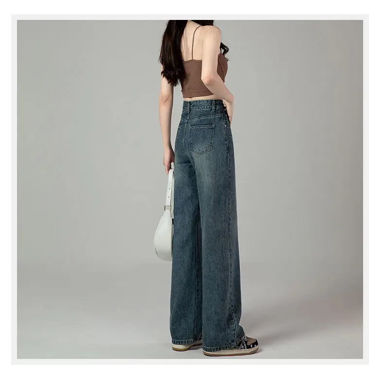 

2024 Autumn Women's High Waist Denim Pants Casual Loose Lady 2XL Size Streetwear Fashion Button Wide-leg Full-length Jeans A179