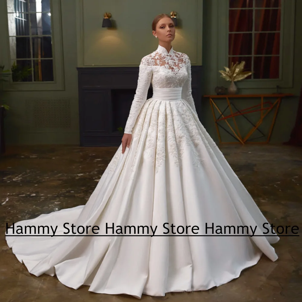 Vestidos De novia musulmanes De cuello alto, apliques De cuentas personalizados, ilusión, botón trasero, cola De corte, vestido De novia De satén, bata De novia