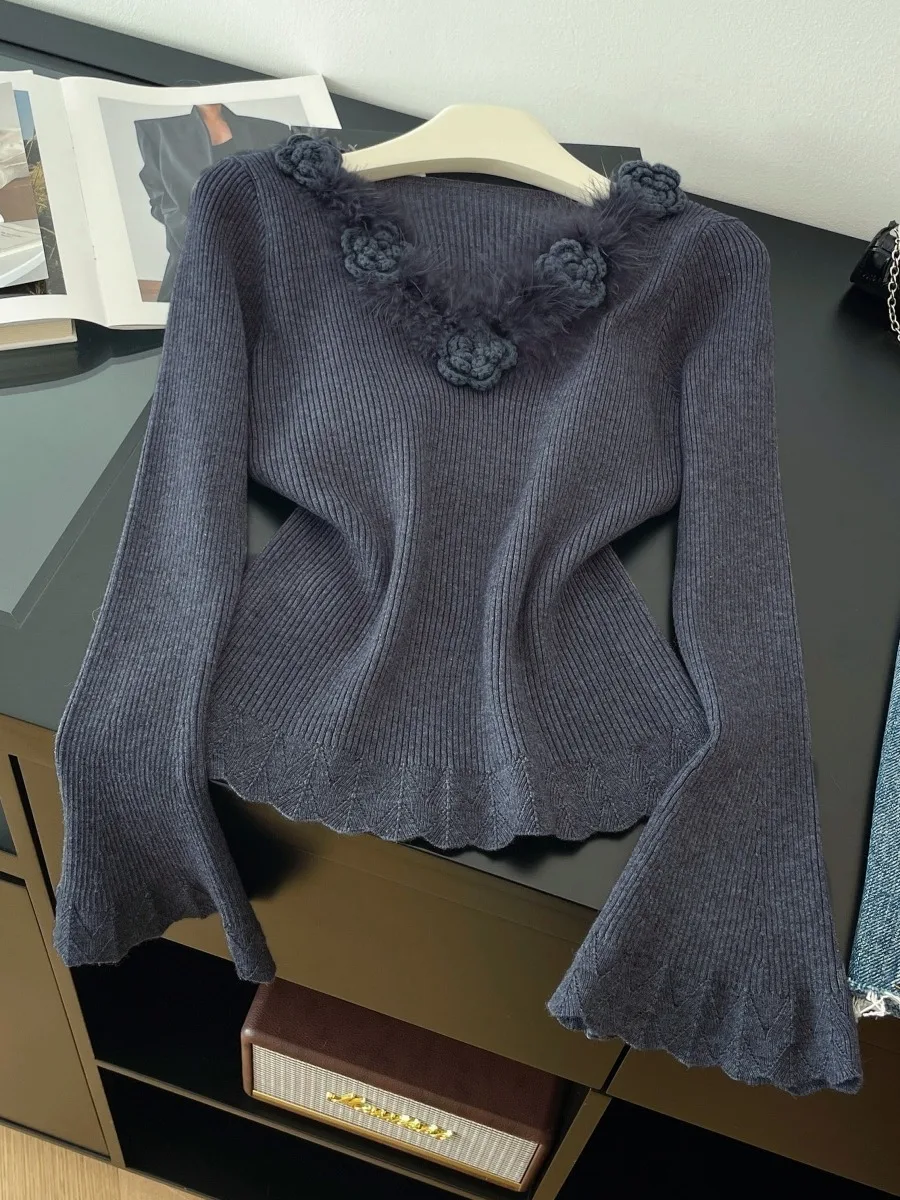 Flauschiges 3D-Blumen-Strickoberteil für Damen, V-Ausschnitt, schmale Passform, Bell Sve, warm, lässig, lang, Sve-Strickwaren für Herbst und Winter