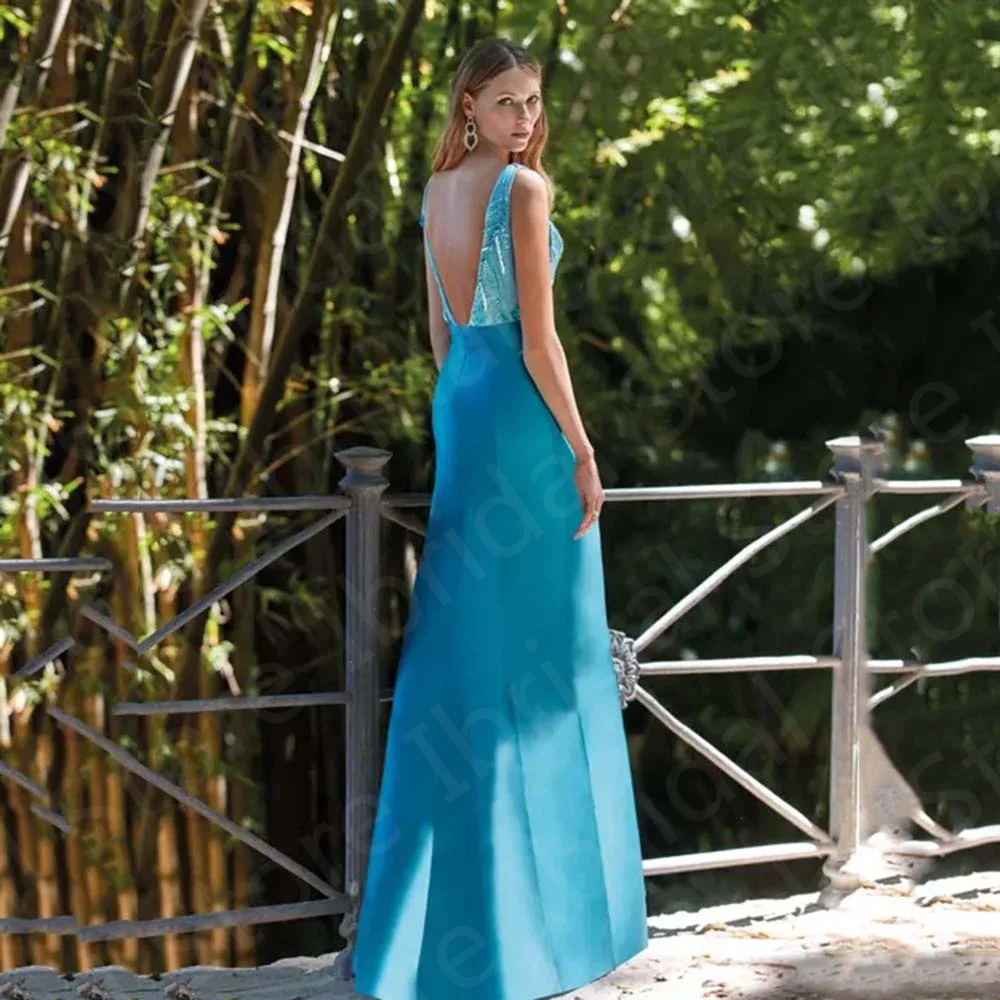 Vestidos de invitados de boda de sirena azul modernos, Espalda descubierta, vestidos de madre sin mangas, ilusión de cuello de novia, abertura lateral