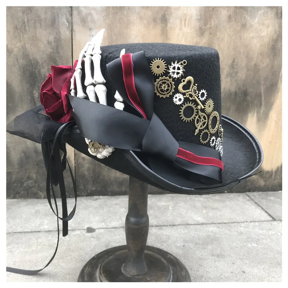 Women Handmade Steampunk Top Hat With Flower And Metal Gear Stage Magic Hat Cosplay Hat Performance Hat Size 57CM Steampunk Hat