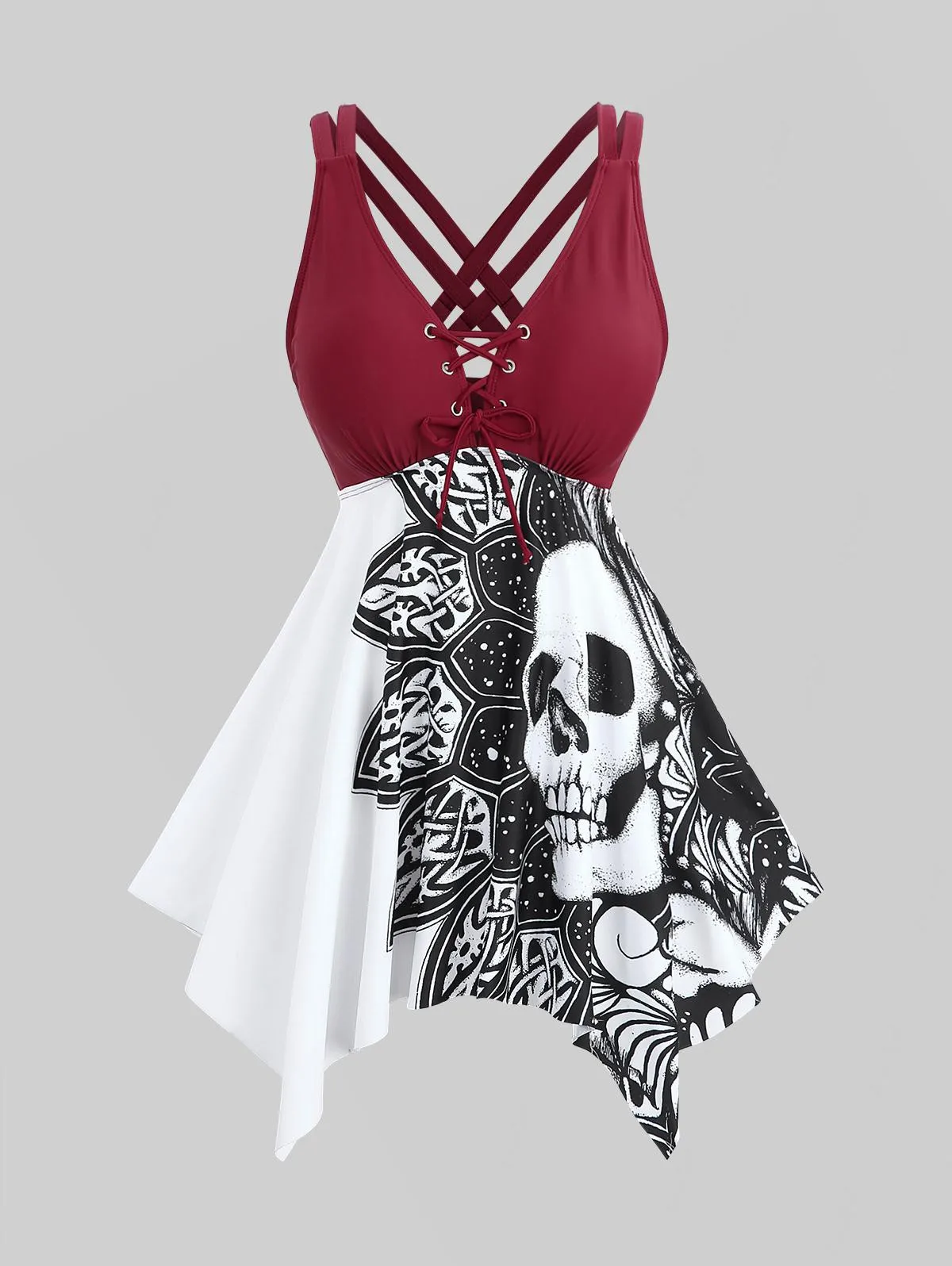 Rosegal Maillot de bain tankini pour femme, grande taille, imprimé tête de mort florale, œillets, treillis croisé, asymétrique, jambes pour garçon