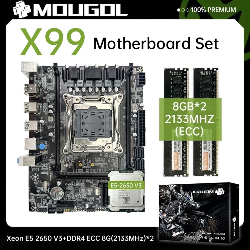 

MOUGOL New X99 P4 Motherboard Set Kit with Intel Xeon E5 2650 V3 CPU DDR4 8Gx2 2133MHz ECC RAM M.2 PCIE3.0 Computer