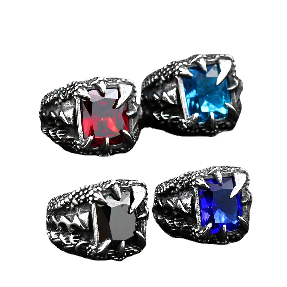 

Gothic Personality Domineering Blue Red Crystal Devil Dragon Claw Street Bicycle Finger Jewelry Men's Rings Size 7-13