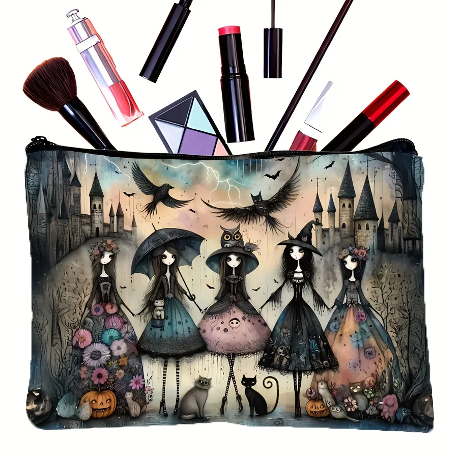 Gothic Style Makeup Pouch with Witches Black Cats Owls Design Portable Travel Cosmetics Bag Zipper Closure Halloween Accessories