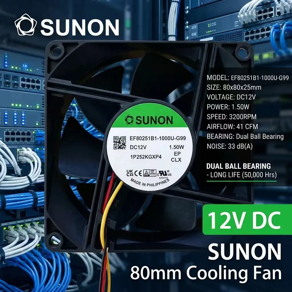For Sunon EF80251B1-1000U-G99 DC 12V 1.50W 8025 80x80x25mm 3-Pin Dual Ball Bearing Quiet Server Inverter CPU Chassis Case Fan