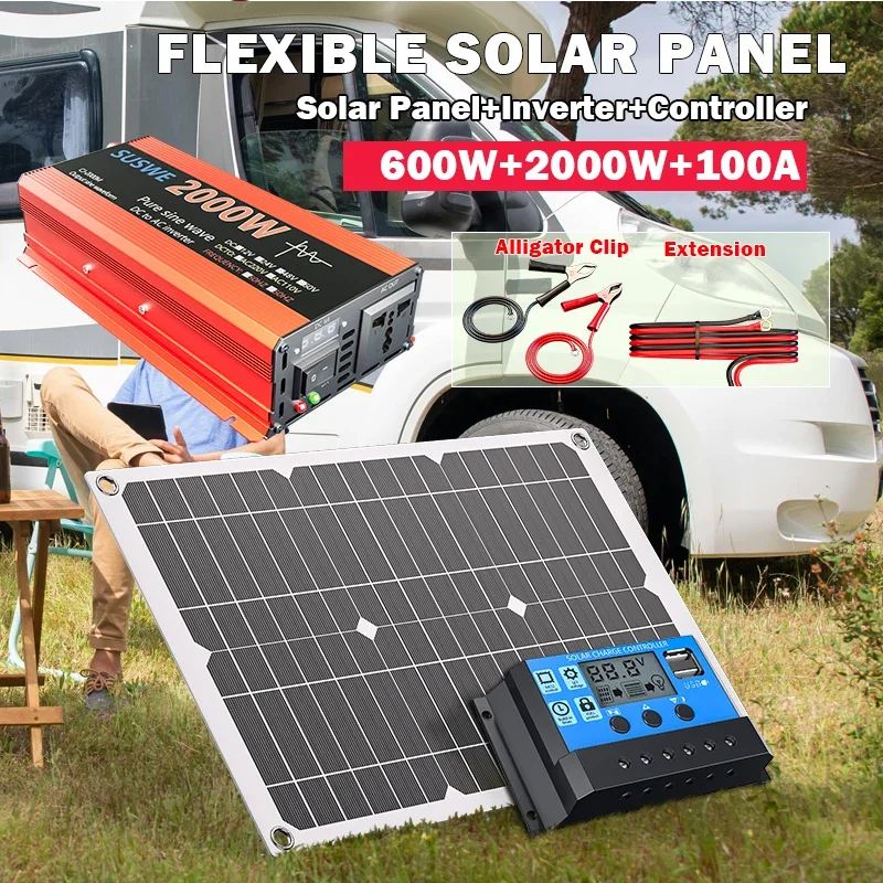 2000W solar system kit 12V to AC 220V/110V inverter+600W solar panel+100A controller, suitable for charging RVs, cars, laptops