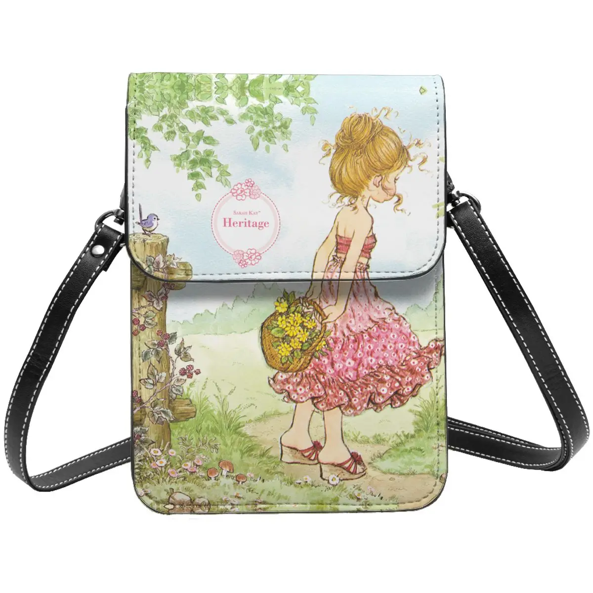 Sarah Kay Floral Flower Cartoon Girl Cell Phone Purse Leather Card Holder Trendy Girl Country Life Crossbody Bag Portable