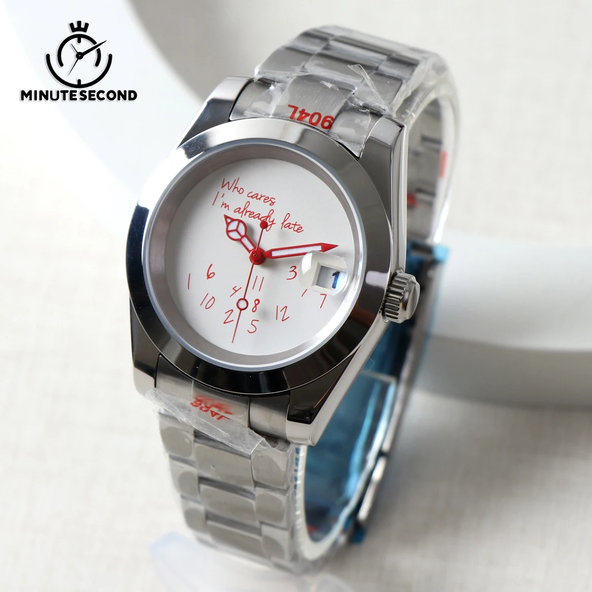 

MINUTESECOND NH35 Watch Red Dial Who cares, I'm already late Silver Sapphire Crystal NH35 Automatic Movement 39mm NH35 Watches