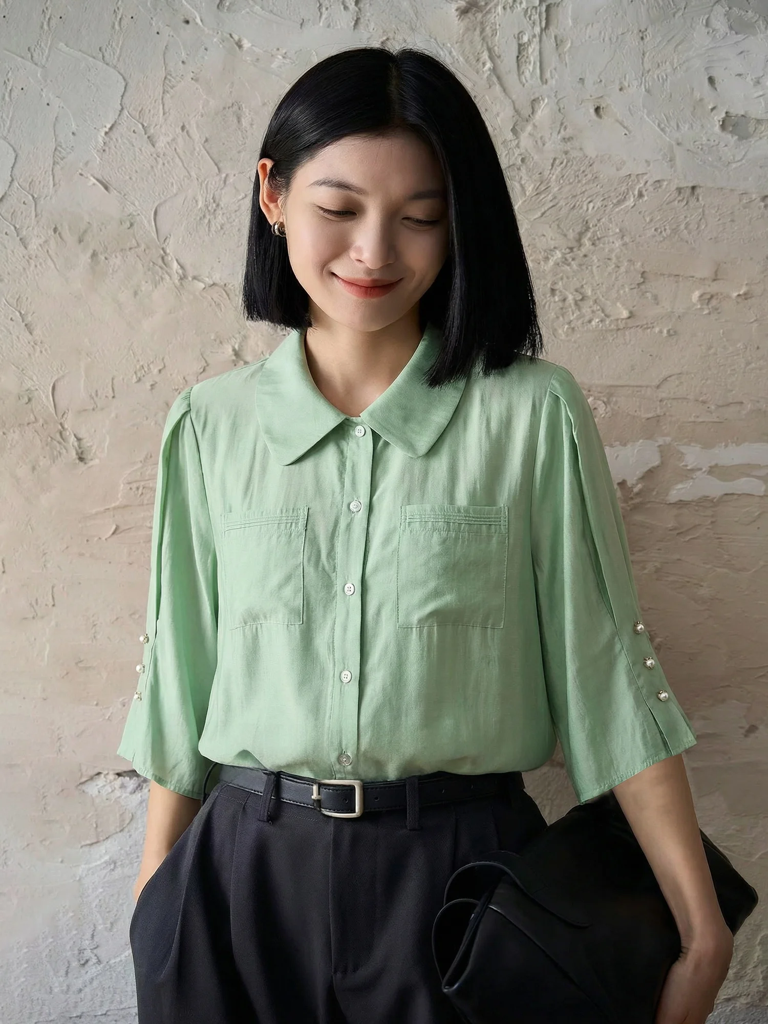 

Женская блузка Chivirin Gentle Wind с воротником-стойкой и длинными рукавами, для повседневной носки, с пуговицами, из дышащего полиэстера