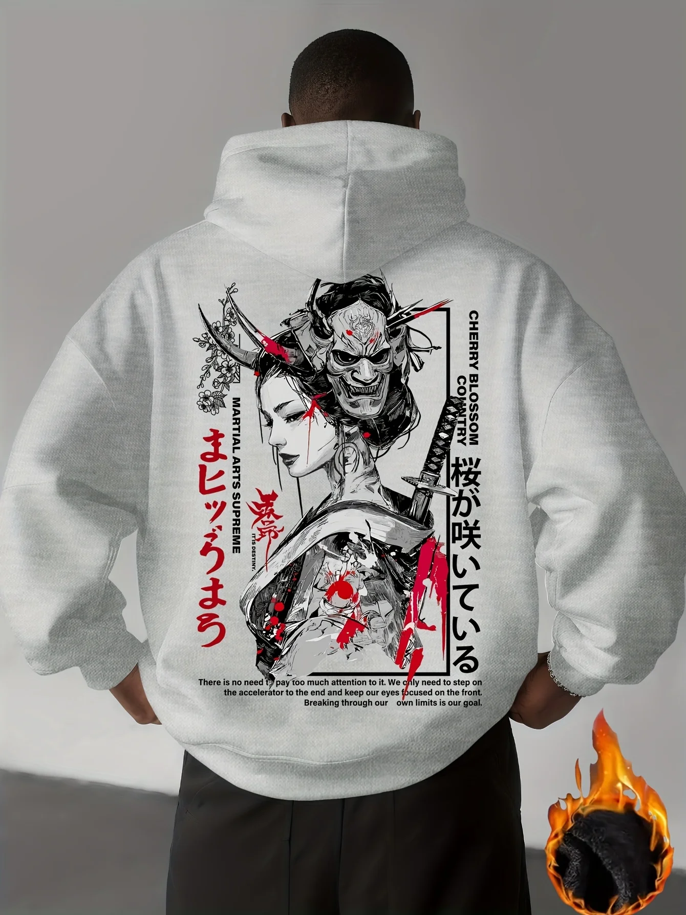 Herren-Hoodie mit japanischer Hannya Oni Samurai Geisha-Grafik, mit Fleece gefüttert, warmer Pullover, Sweatshirt, Herbst-Winter-Streetwear-Oberteil – Detail 7