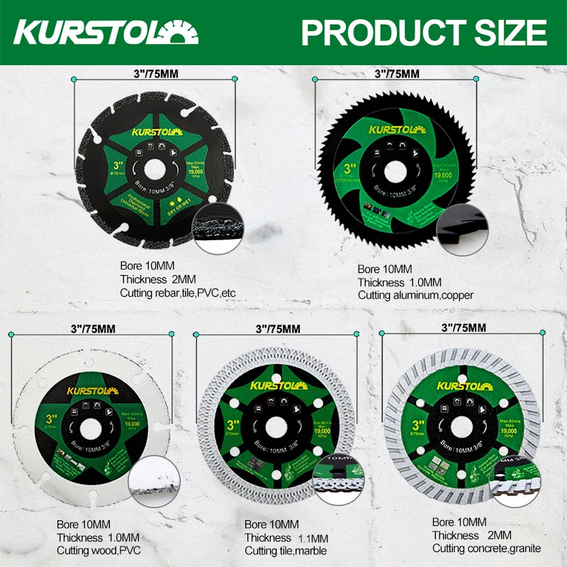 Imagem -02 - Kurstol 75 mm Disco de Corte Madeira Telha Metal Concreto Disco Plástico Borracha Alumínio Corte Cerâmica Granito Mini Disco Moedor