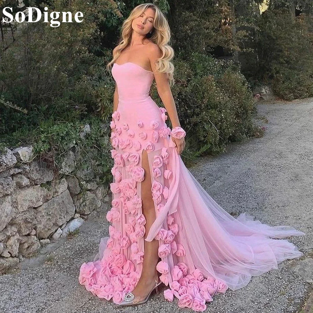 SoDigne Elegant Saudi Dubai Strapless Evening Dresses 3D Flowers Appliques Side Slit 2024 Evening Prom Gown for Formal Occasion