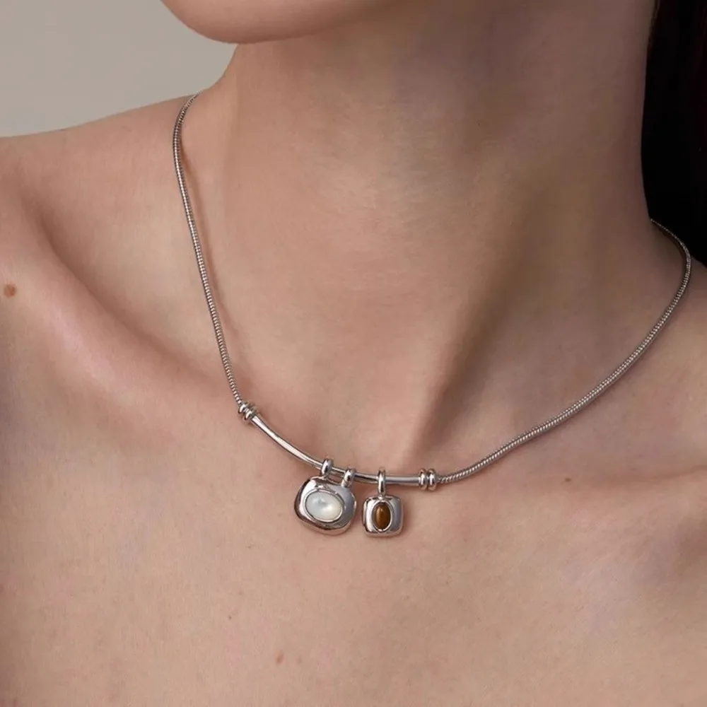 Geometric Tigereye Stone Pendant Necklaces Amber Color Silver Color Chain Choker Necklaces Asymmetry Style Imitation Pearl