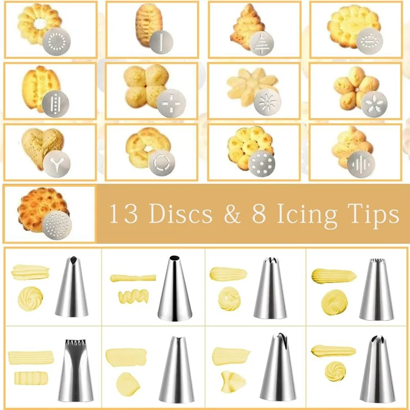 【Must-Haves】Cookie Press, Stainless Steel Cookie Set With 8 Frosting Tips And 13 Cookie Plates For DIY Cookie Making And Decorat