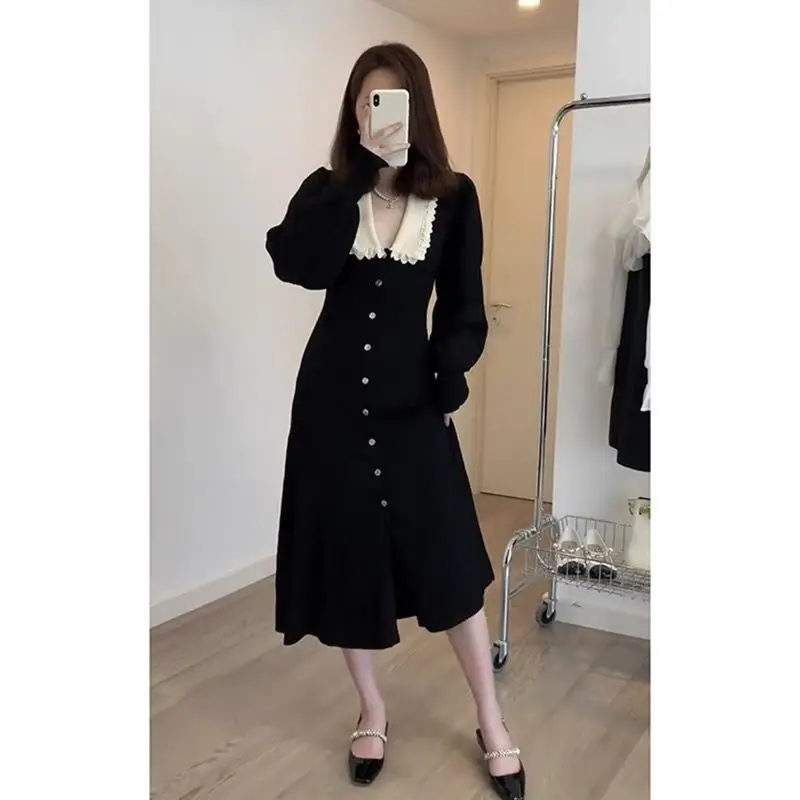 2023 Autumn/Winter Long Skirts New Style Celebrity Vintage Polo Collar Knitted Waist Shrinking Lantern Sleeve Dress for Women