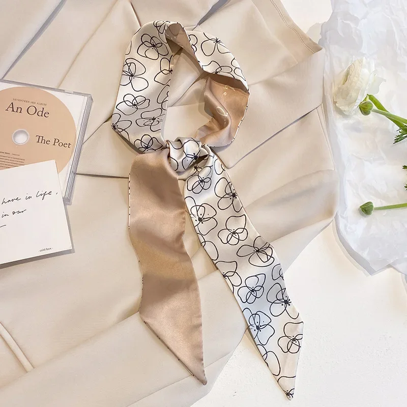 4 stücke dünne Tasche Band Schals für Frauen Mode druck weichen Satin Haarband Foulard Halstuch weibliche Krawatte Haar Schal – Detail 7