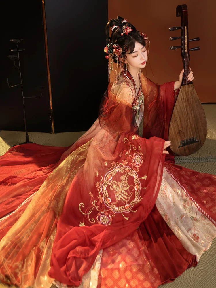 

Оригинальный комплект Ханьфу JinQiuWangBang в стиле династии Тан: вышитая юбка-обертка до груди, весенне-осенний комплект для молодых женщин