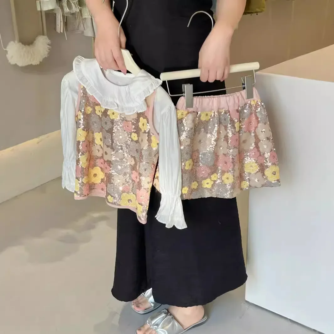 Childrens Sets Girl Summer New Baby Causal Vest Short Sleeve Two Pieces Glitter Skirt 2024 Sweet Fashion Flower Simple image 2