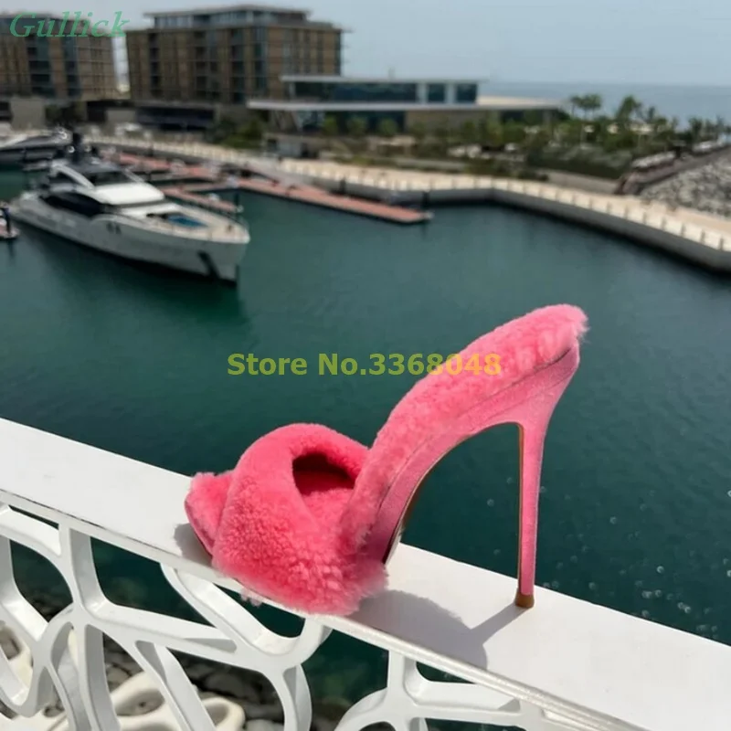 

Fairy Pink Thin High Heel Slippers Sexy Pointed Toe Slip On Fashion 2024 Summer Spring Fur Dress Slides Black White Shoes