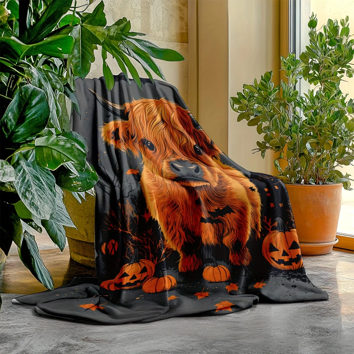 Cute Highland Cow with Pumpkin, Bat & More Halloween Elements – Perfect for Festive Atmosphere. Ideal as Sofa or Car Decor and G