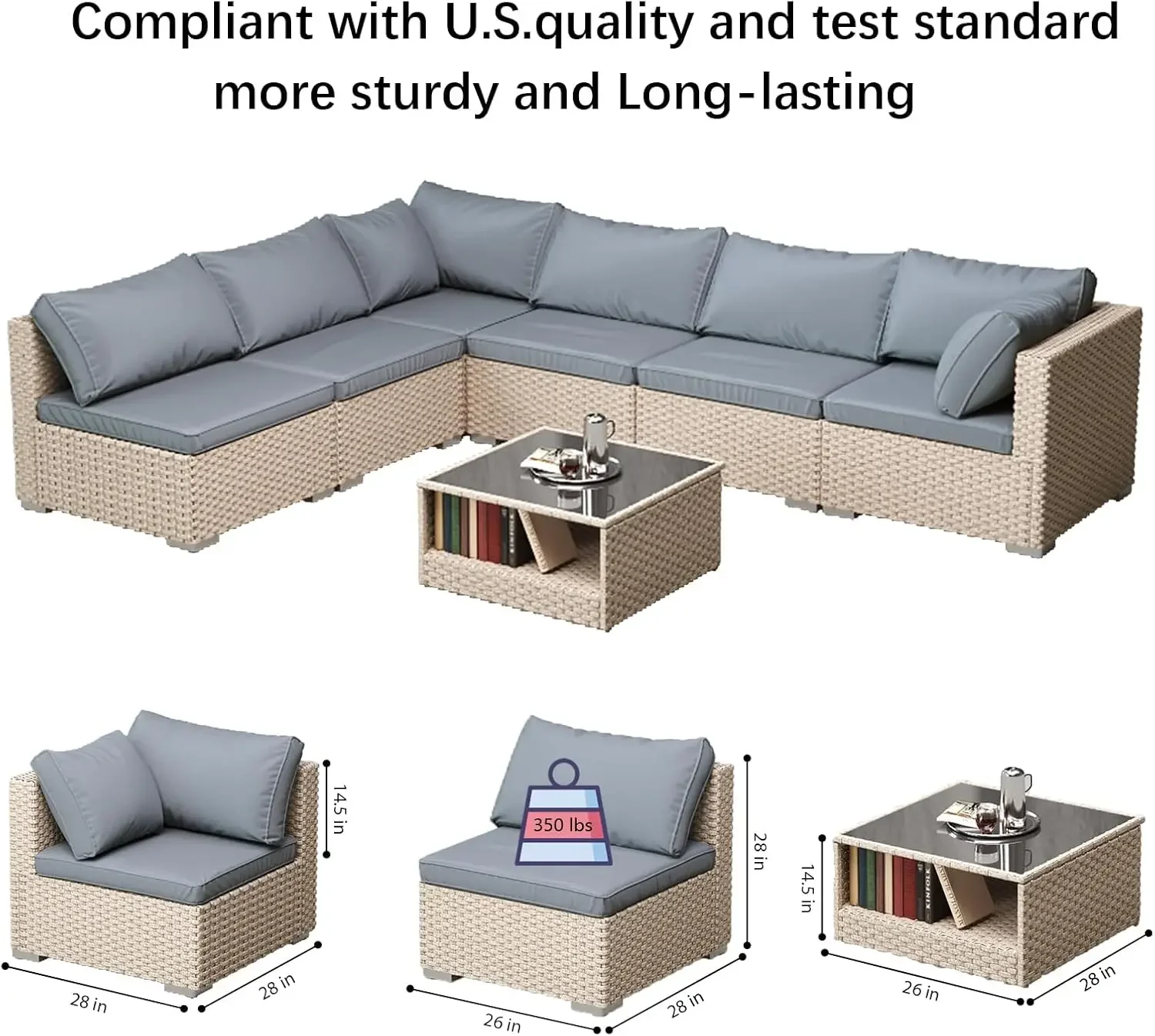 7-Piece Patio Furniture Set, Outdoor Wicker Conversation Set Sectional Sofa with Waterproof Thick Cushions and Coffee Table,Grey