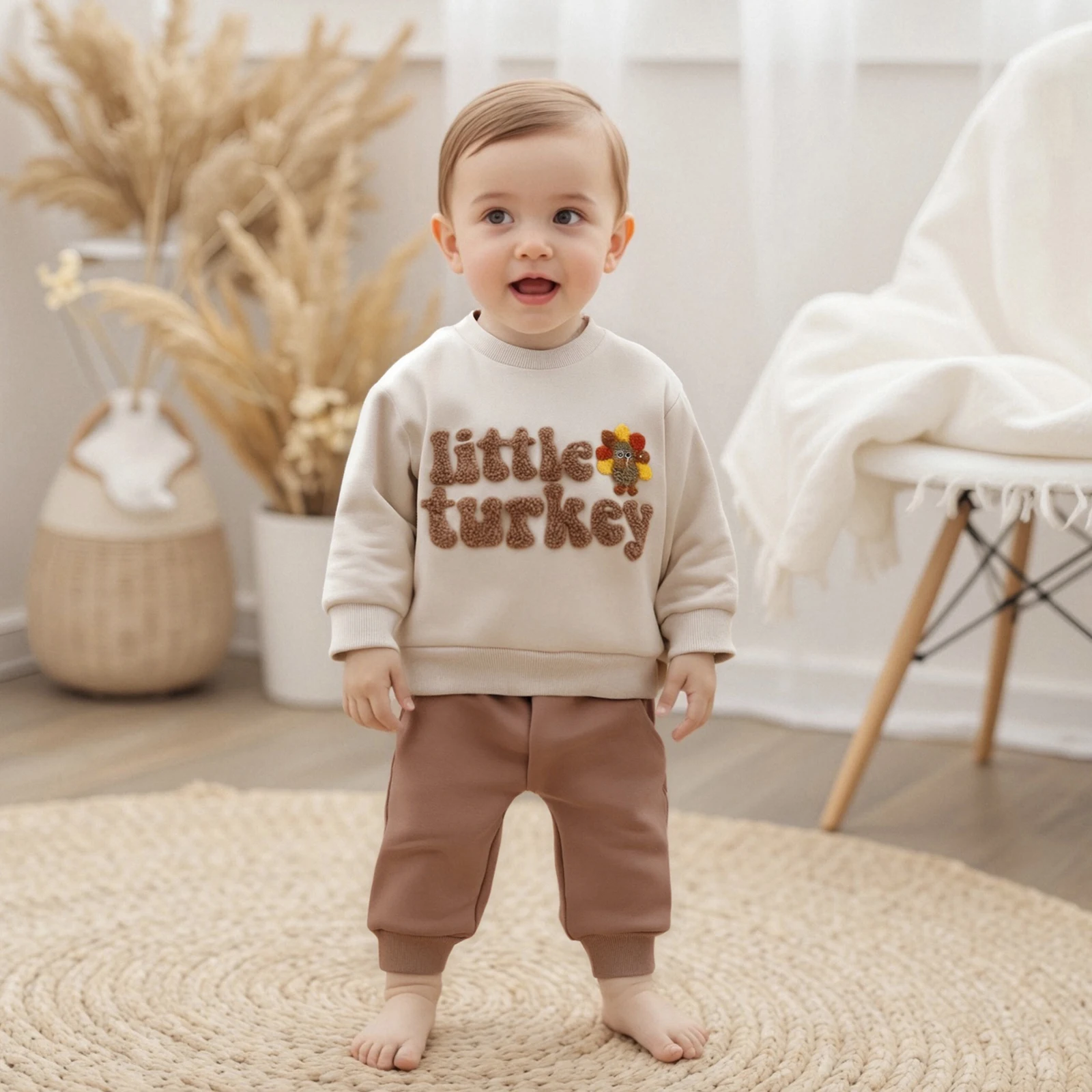Toddler Boy Thanksgiving Outfits Letter Turkey Embroidery Long Sleeve Pullover Sweatshirt Tops Elastic Waist Solid Pants Set