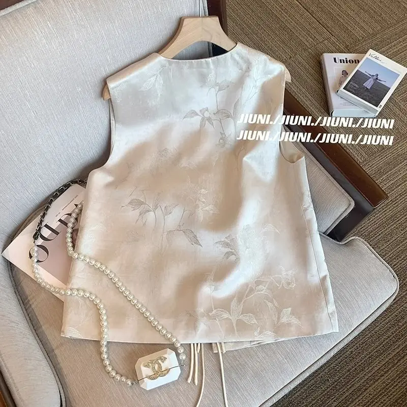 꽃 자카드 조끼 여성 복고풍 중국 빈티지 민족 스타일 민소매 탑 오버 사이즈