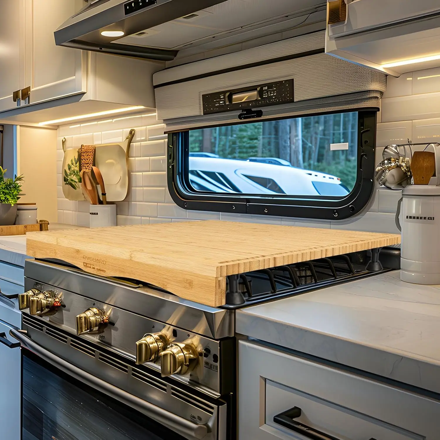 

RV Stove Top Cover Board, Countertop Cutting Board with Adjustable Legs and Juice Grooves for Camper Trailer Gas Electric Range