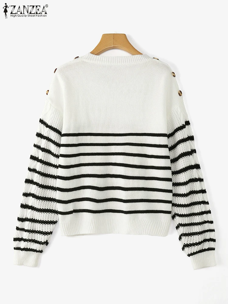 ZANZEA 2025 FW Maglioni lavorati a maglia allentati casual per le donne Manica lunga a forma di diamante Texture Strisce nere Pullover Abbigliamento donna