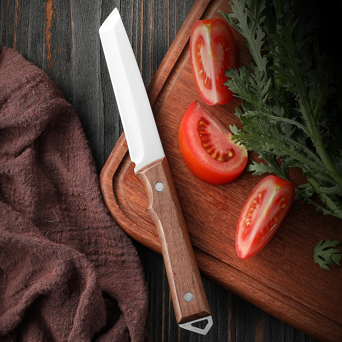 High-quality stainless steel meat cleaver, with a sheath and solid wood handle, suitable for cutting steaks, vegetables, and fru