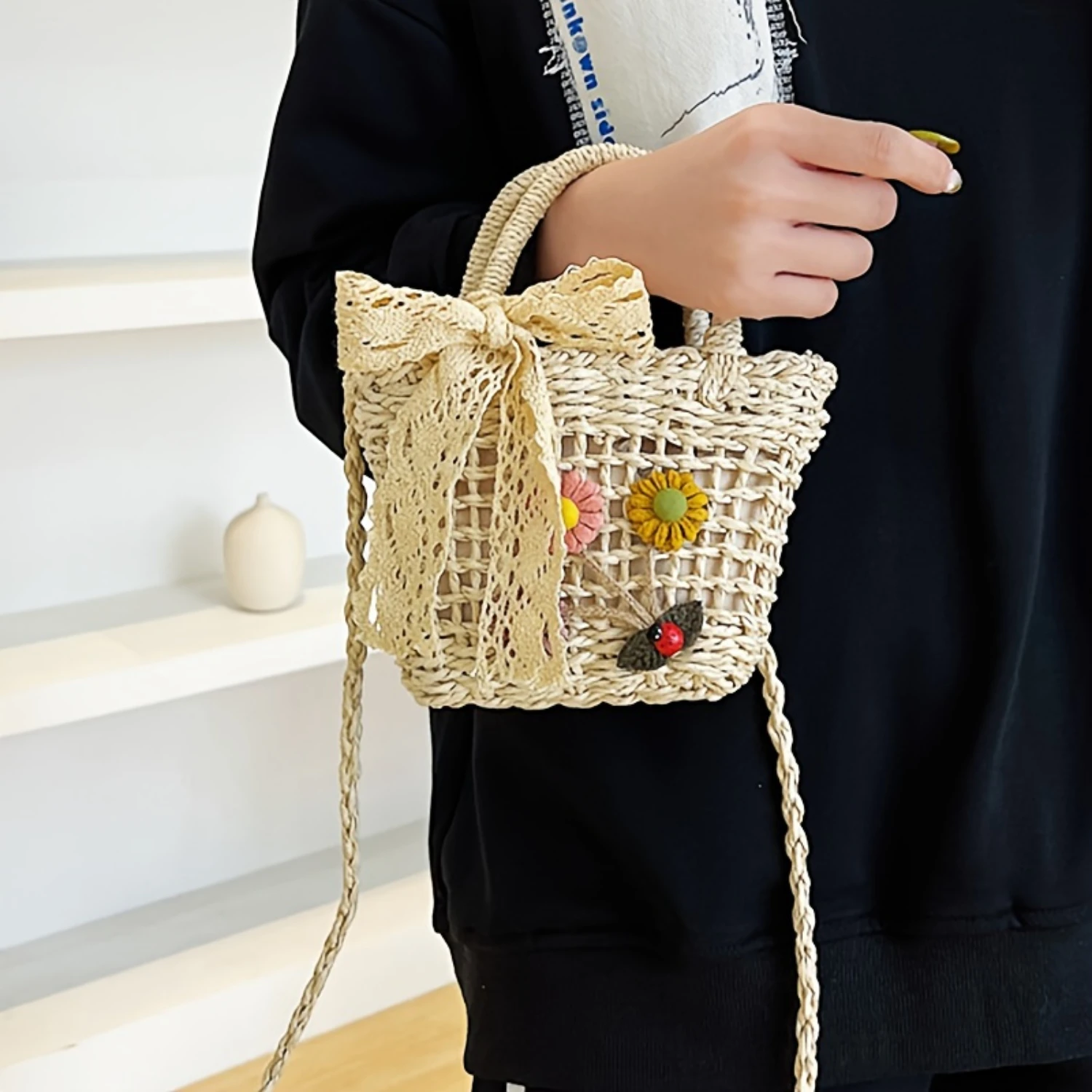 Summer Straw Bag For Women, Fashion Hollow Out Handbag, Cute Crossbody Satchel With Decorative Lace And Floral Accents