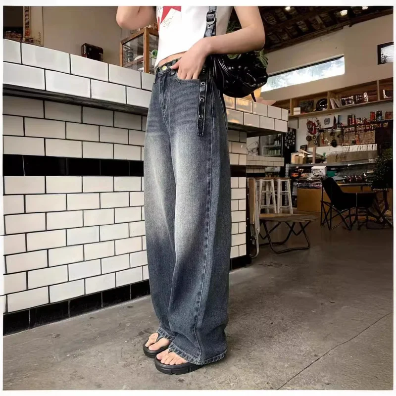 

Customized vintage washed distressed straight-leg jeans for women2024New high-waisted slimming loose wide-leg floor-length pants