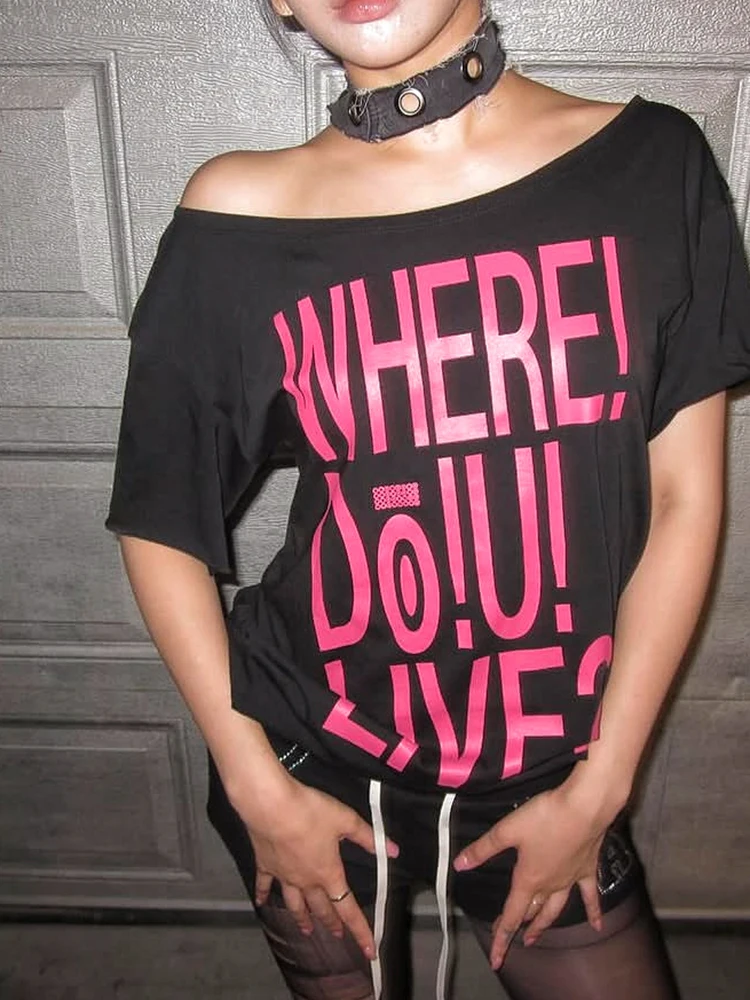Weird Puss Letter Print t-Shirt Women Skew Collar Leisuremusic Festival Hottie High Street Summer New Trend Classic Clubwear