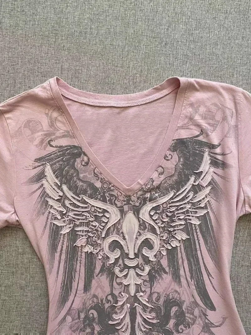 2026 Summer Pink V-neck Short Sleeve Slim Fit Waist Cinching Top American Vintage Fairycore Streetwear 2000s Y2k T-shirt
