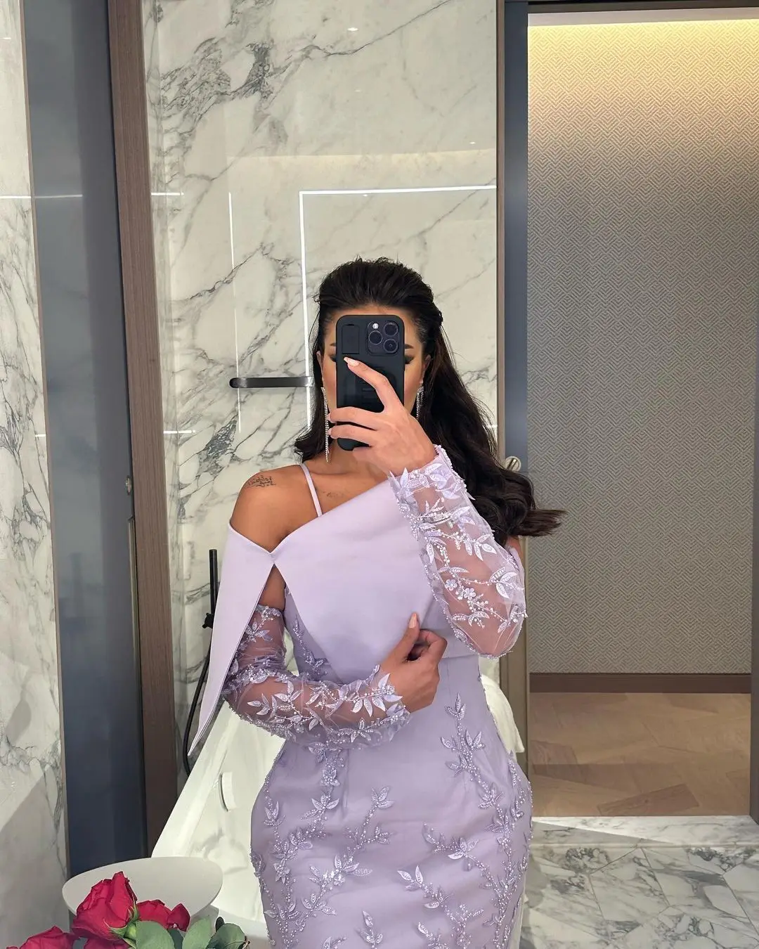 Off Shoulder Lilac Luxury Evening Dresses Beads Appliques Oversleeve Prom Dresses 2023 New Ankle-Length Formal Occasion Dresses