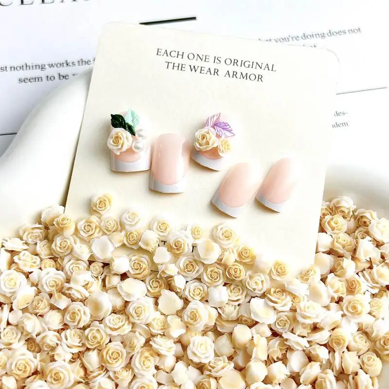 3D Beige Flower Series Nail Art Decorations Luminous Resin Rose Buds Nail Charms for Making DIY Press on Nails Accessories