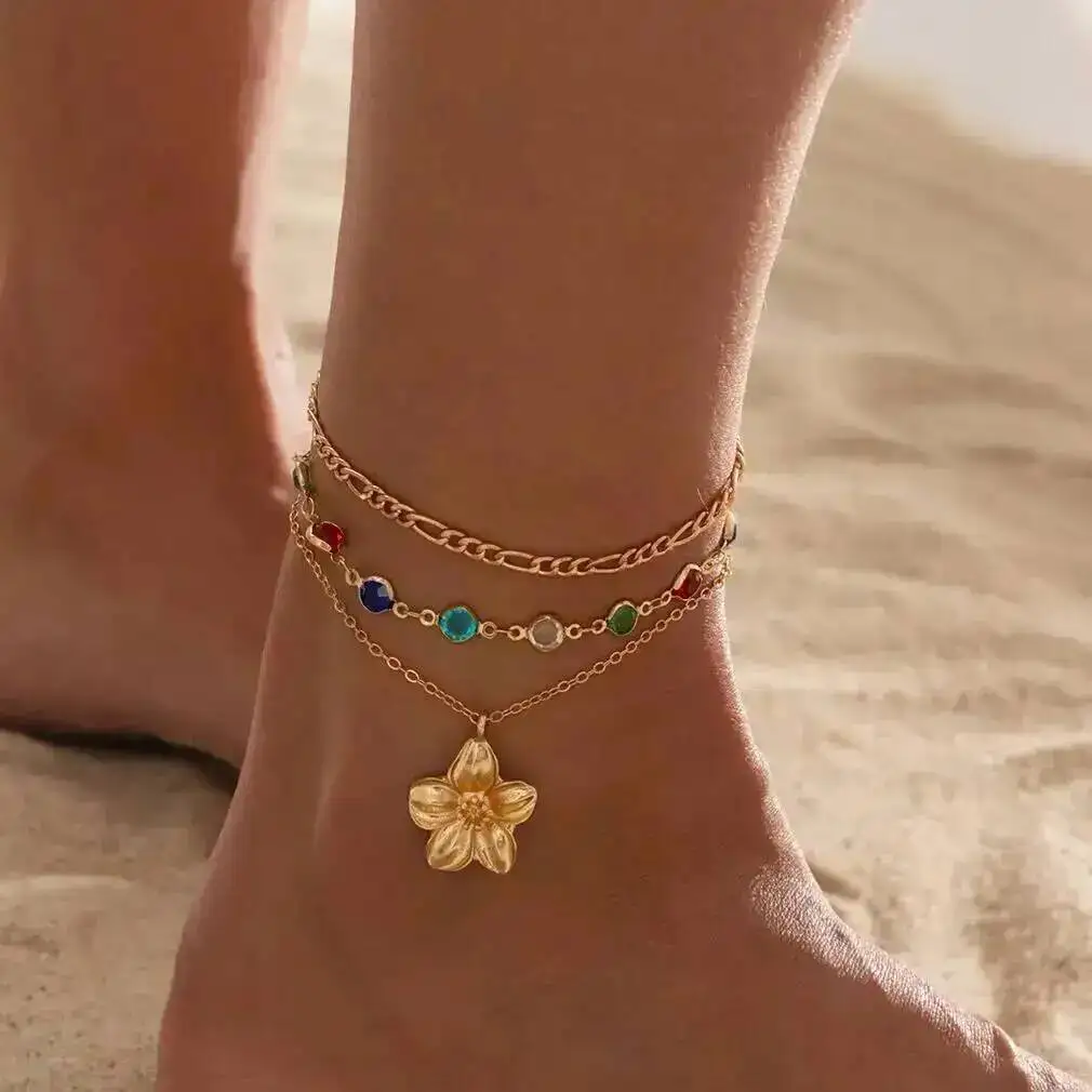

KunJoe 3Pcs Boho Exquisite Zircon Flower Pendant Anklet Women Trendy Gold Color Crystal MultiLayer Foot Chain Beach Jewelry Gift
