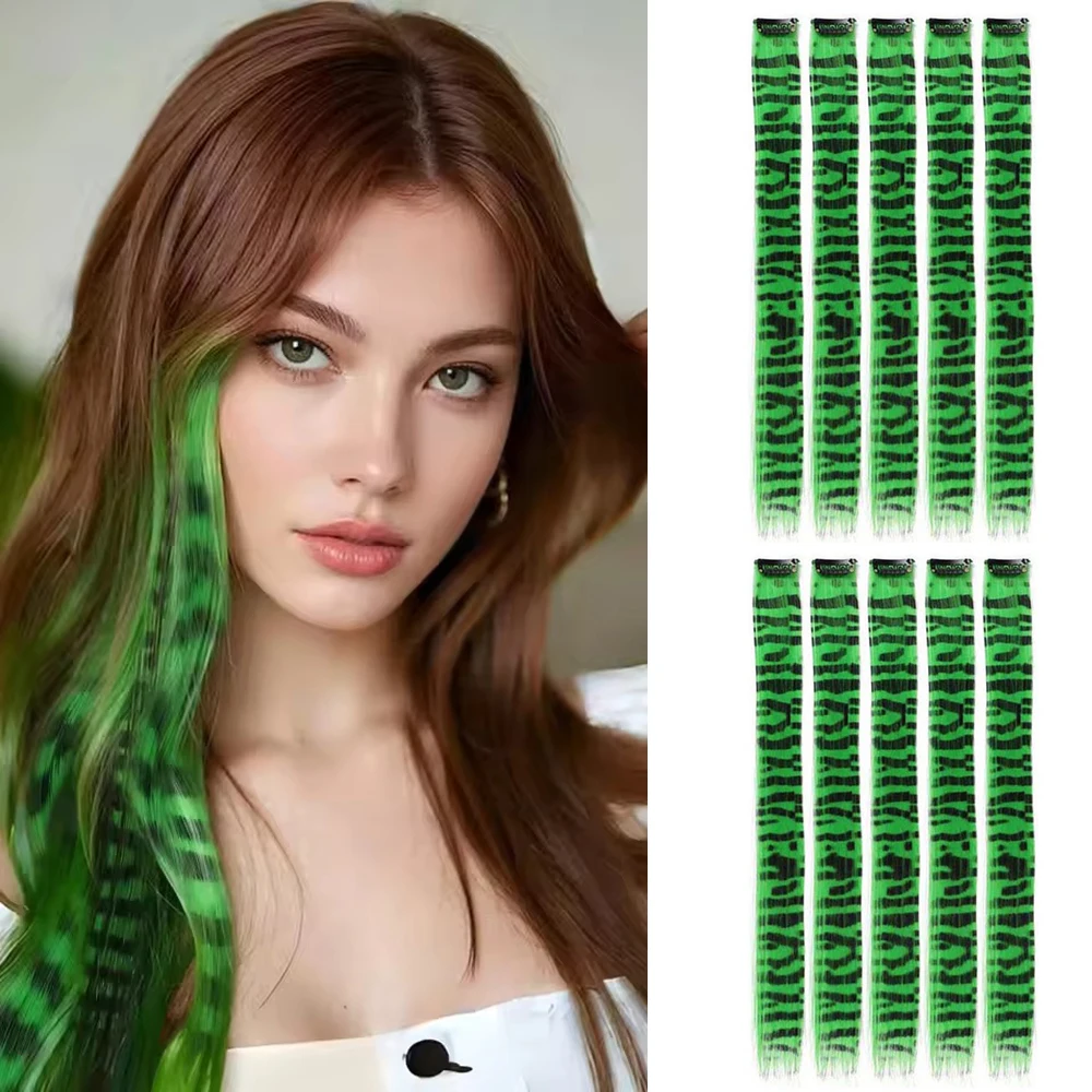 10pcs/set Stripe Printed Hair Colorful Long Straight Hair Pieces Synthetic Clip-in Hair Extensions for Daily Use Party Halloween