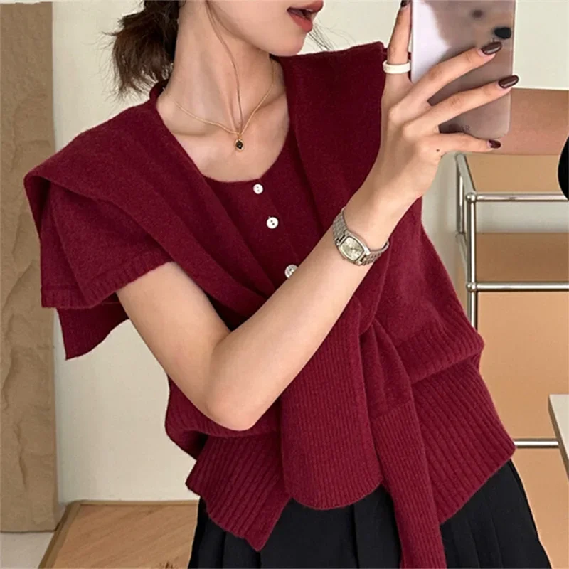 

Women Vintage Solid Knitting 2 Pieces Set Sweater Female Chic Buttons Short Sleeve Cardigan And Shawl Suits Coats Tops Spring