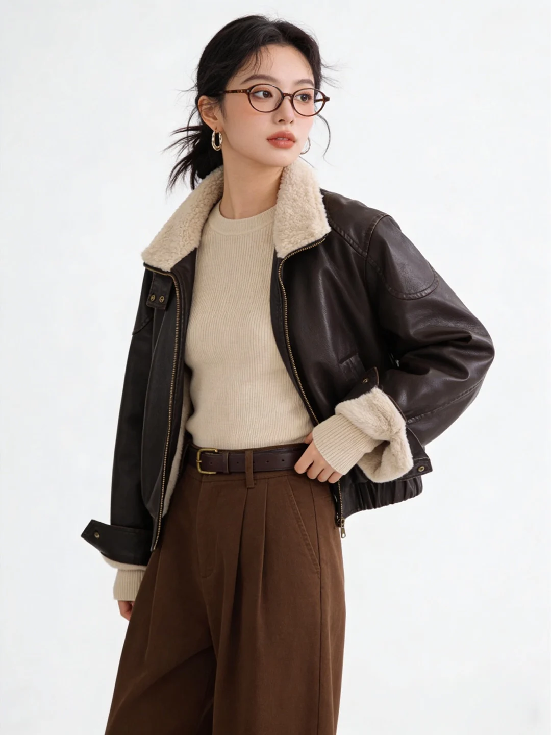 Ele PU-Lederjacke im Motorradstil für Damen, verdickt, warm, locker, kurzer Mantel aus Baumwollmischung mit Reißverschluss und Kragen