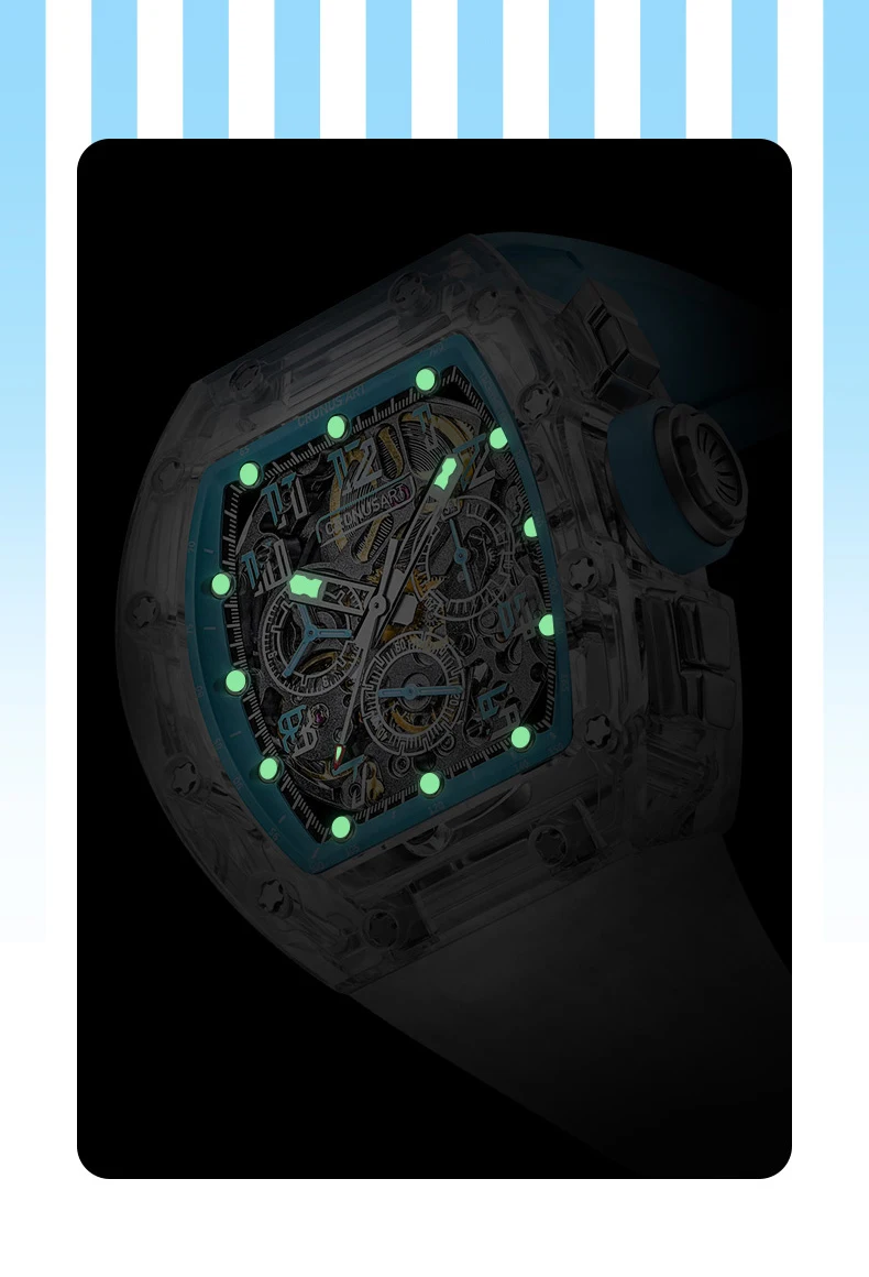 CRONUSART Мужские часы-хронограф 50 мм Механические наручные часы Tonneau Сапфировый корпус Светящийся ремешок из фторкаучука Большие тройные окна