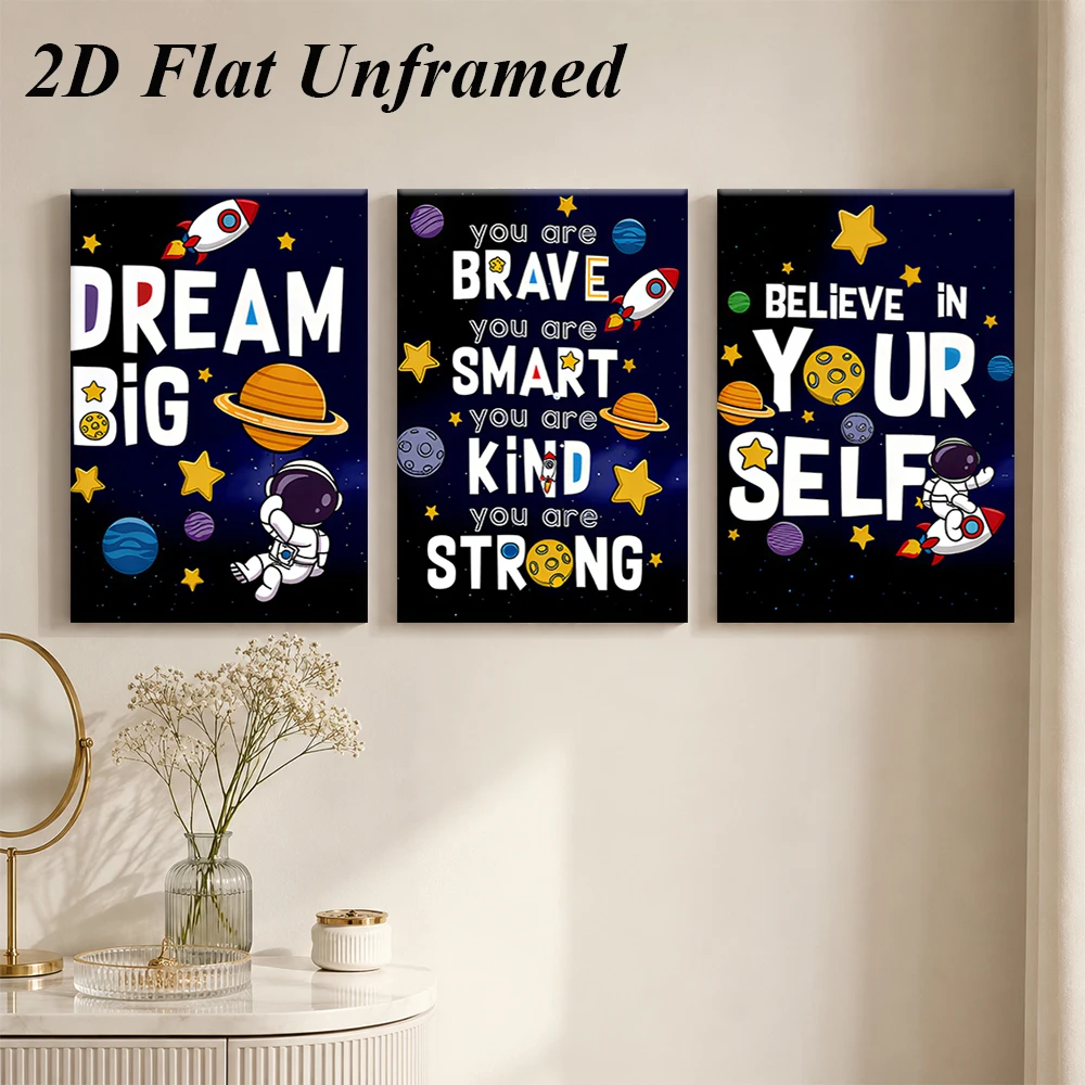1 set of cartoon astronaut universe theme triple frameless dreamy starry sky rocket planet decoration painting 2D plan