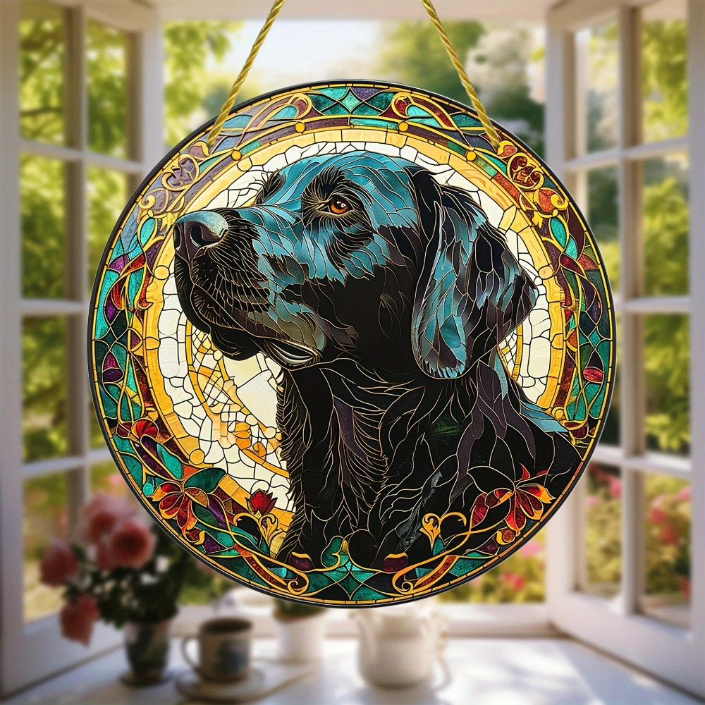 Black Labrador Retriever Stained Window Hanging Sun Catcher Sunshade Dog Lover Gift for Mom Family Funny Acrylic Round Sign