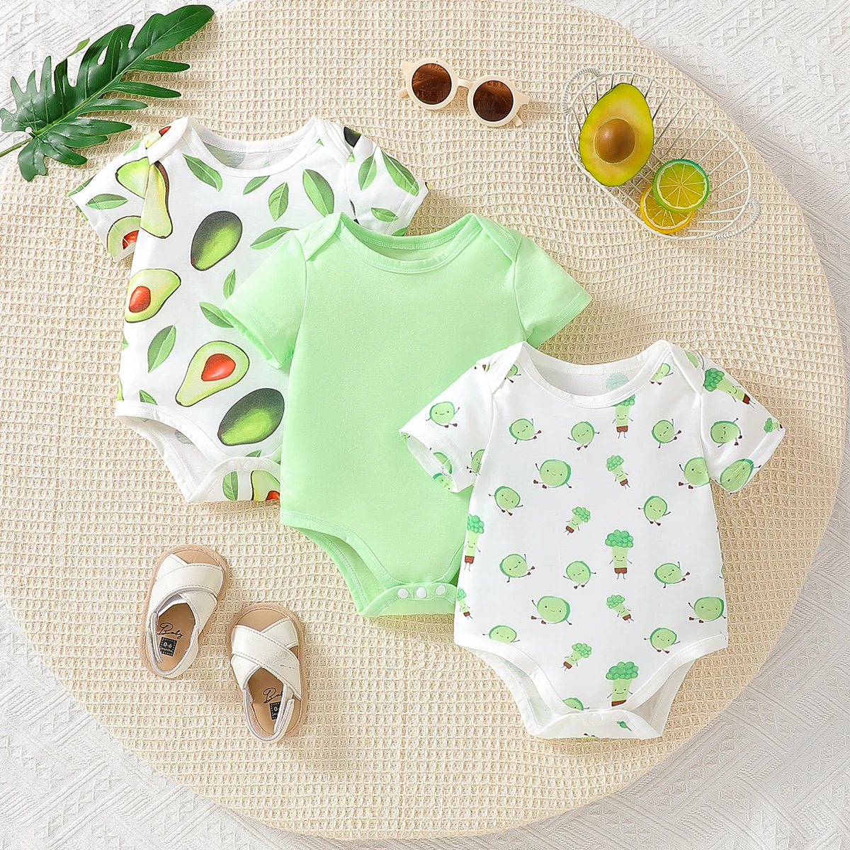 2025 Summer New Infant Girl’s Fruit Print Solid Color One-Piece Outfit, Casual and Versatile Three-Piece Set