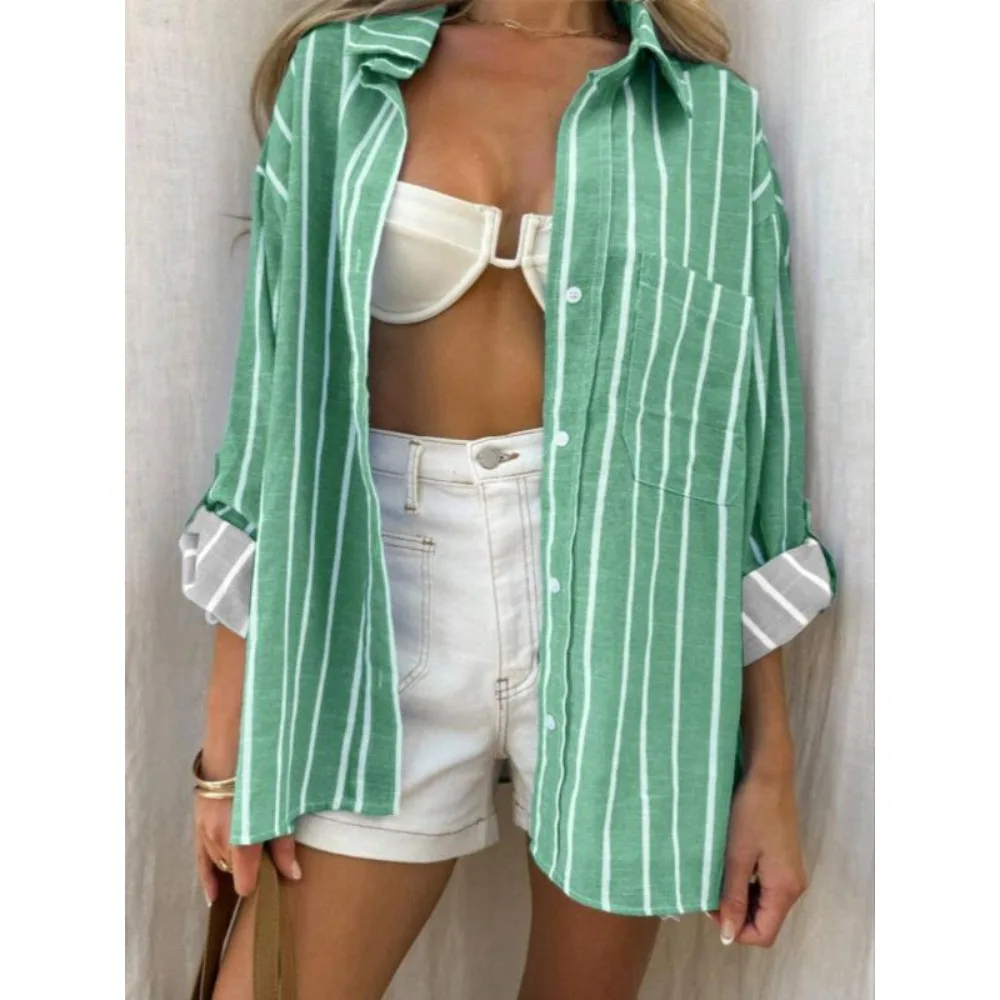 Plus Size 1XL-5XL New Spring Autumn Women's Striped Blouse Shirts Ladies Casual Long Sleeved Lapel Tops Shirt