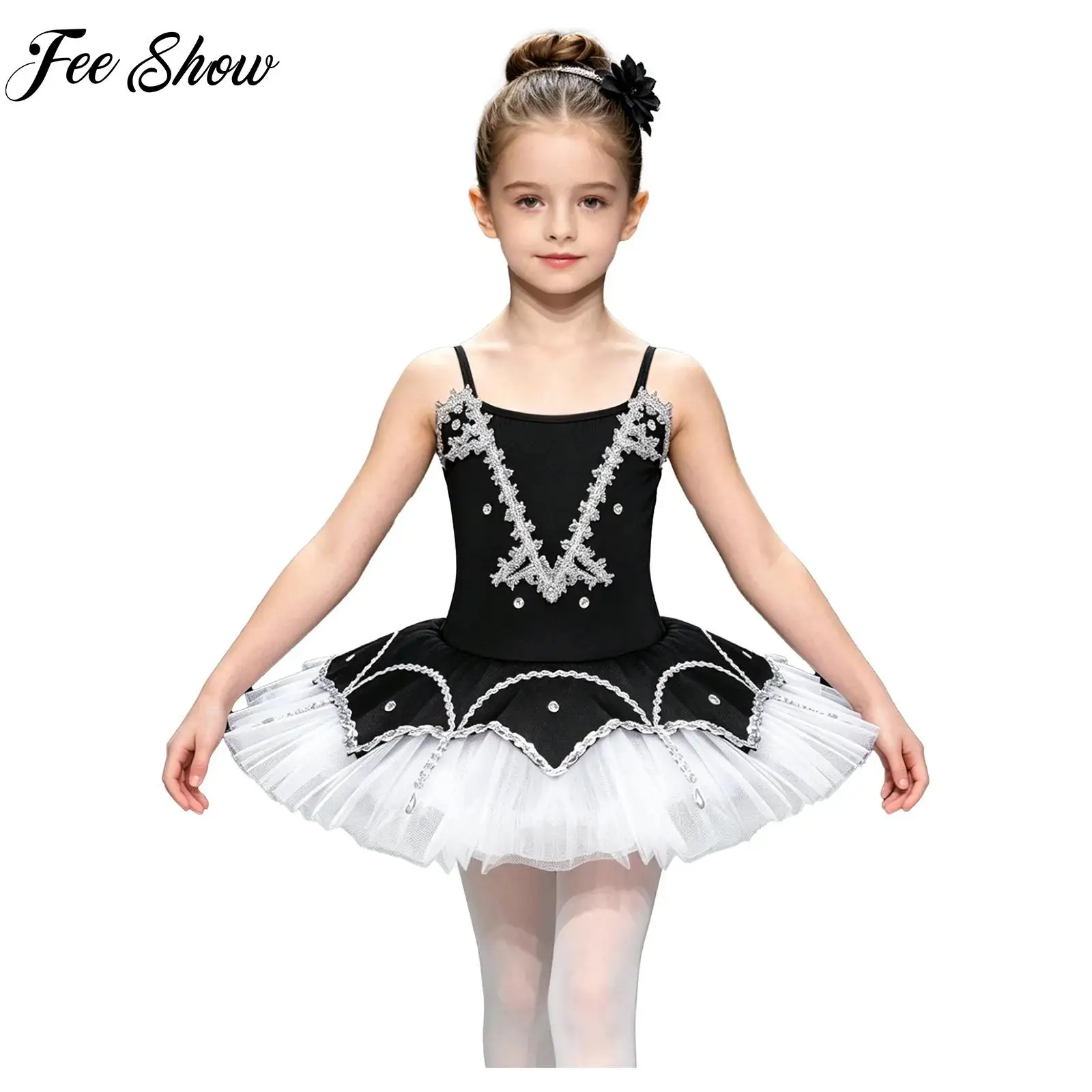 

Kids Girls Gymnastics Ballet Jazz Performance Costume Rhinestone Braid Trim Sleeveless Spaghetti Straps Layered Tutu Dance Dress